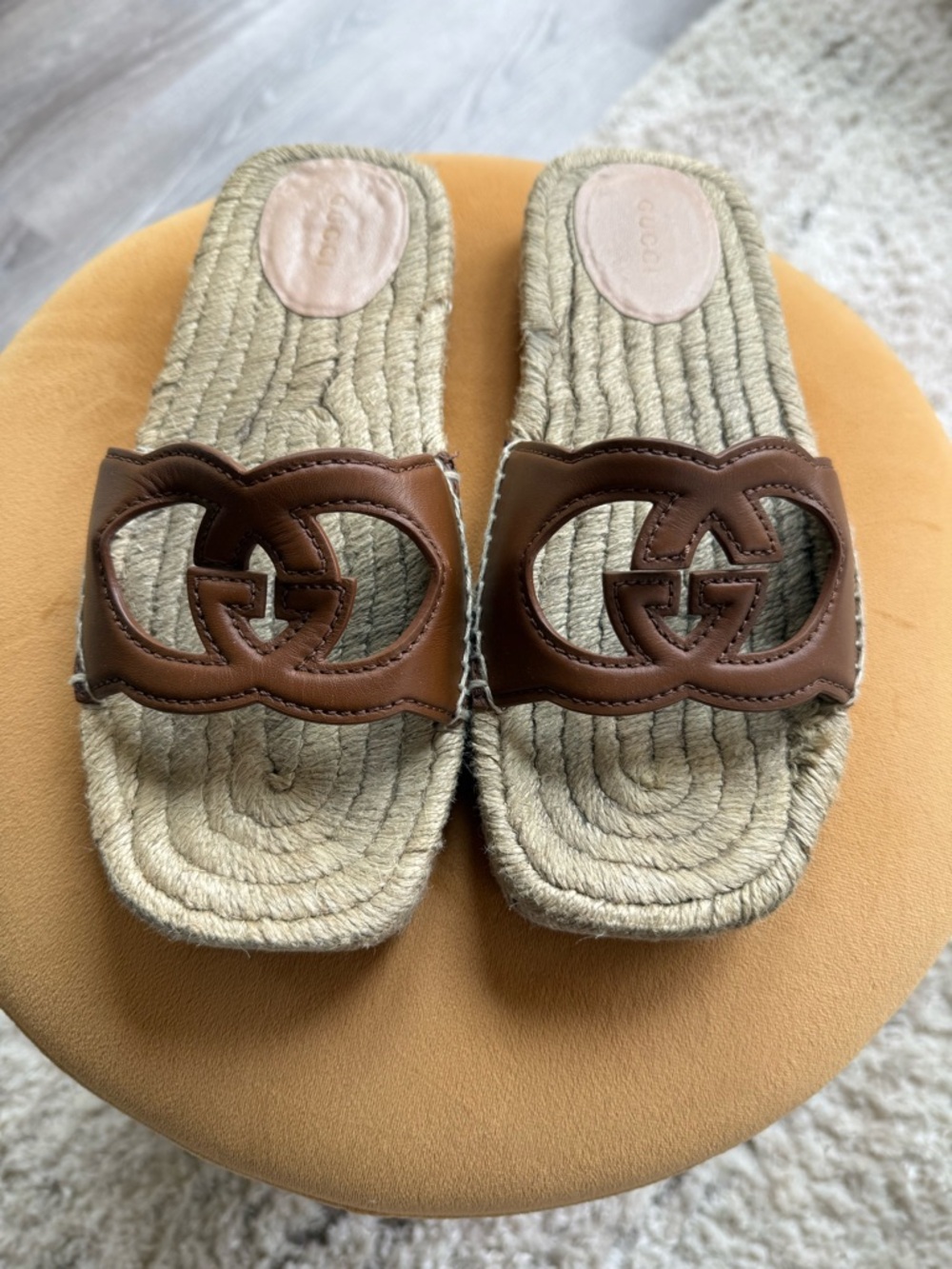 Gucci Brown Leather Interlocking G Espadrille Slide Sandals - Picture 4 of 7